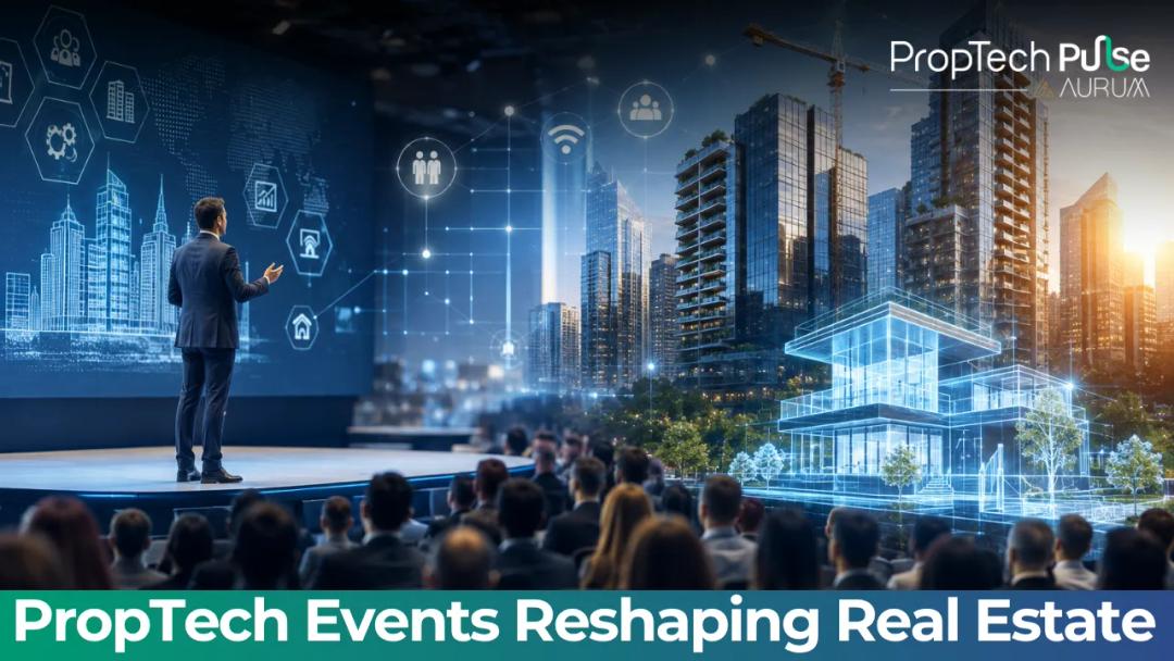 Real estate professionals networking at a proptech event