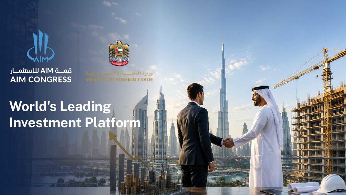 AIM Congress Dubai event banner featuring business leaders shaking hands with the Burj Khalifa, Dubai skyline, and real estate development symbolizing global investment opportunities